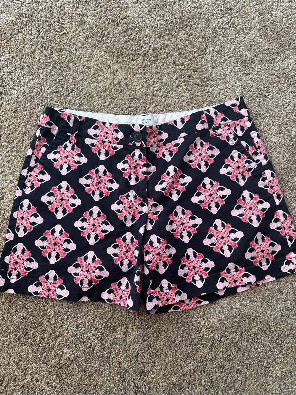 crown & ivy Navy Shorts with Pink Floral Geometric Print
